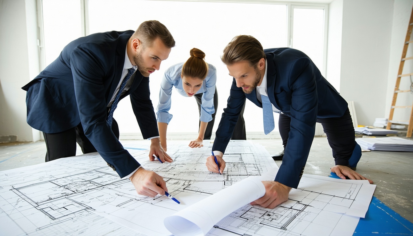 Team reviewing architectural blueprints, reflecting thoughtful planning