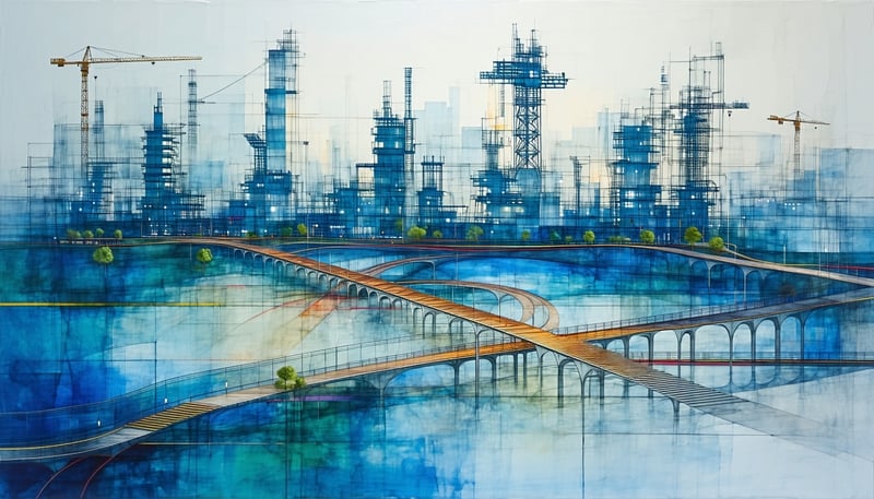 Artistic rendering of modern infrastructure projects symbolising growth and ambition. Artistic rendering of modern infrastructure projects symbolising growth and ambition.